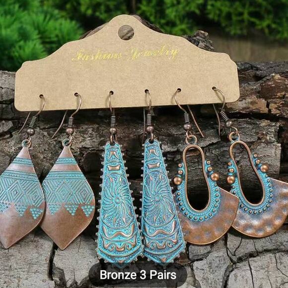 Ancient Green Teal & Bronze Vintage Pendant Earrings Folklore Drop Dangle 3 Pair - Picture 6 of 7